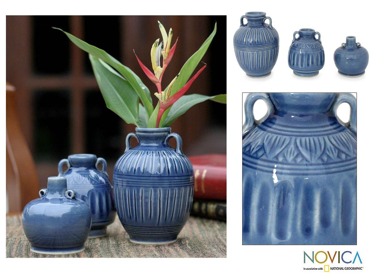 Set of 3 'Sawankhalok Sky' Celadon Ceramic Vases 