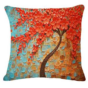 Oil Painting Black Large Tree and Flower Birds Cotton Linen Cushion Cover