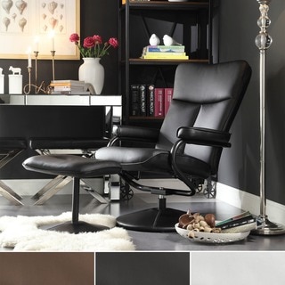 Massaging Black Leather Recliner/ Ottoman with Leather Wrapped Base