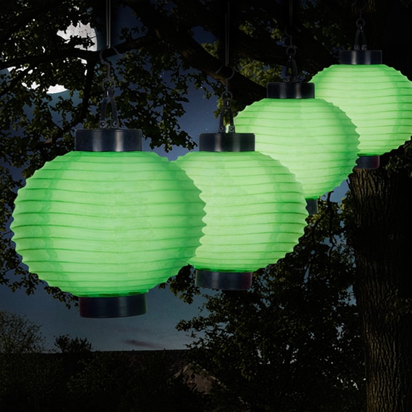 Pure Garden Outdoor Solar Chinese Lanterns - LED - Set of 4 - Green