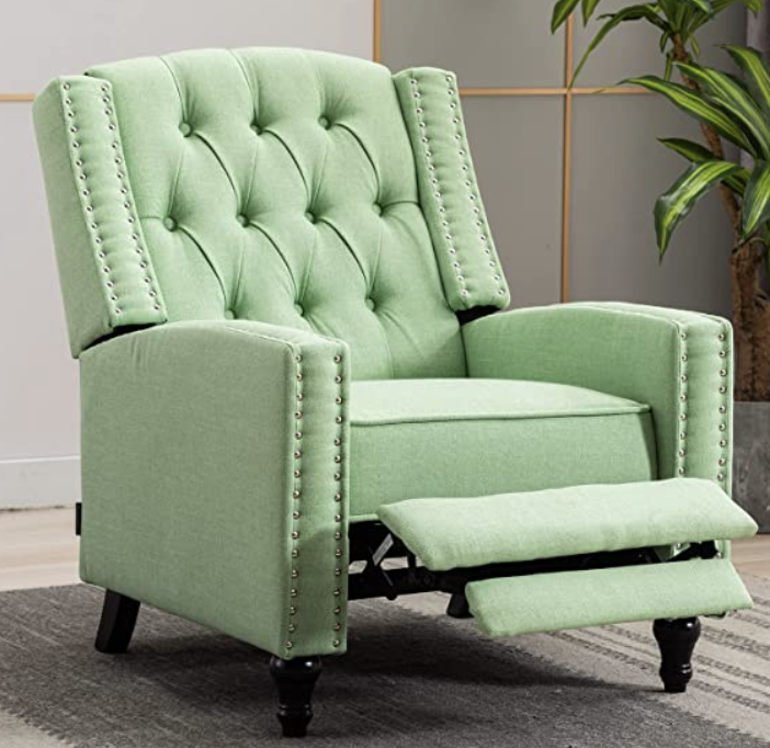 Tufted light Parrot Green fabric chair with bronze studs