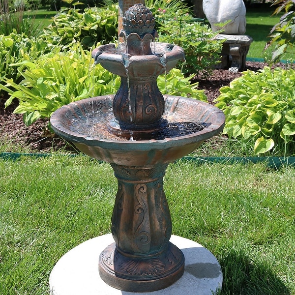 Sunnydaze 2-Tiered Patina Pineapple Garden Water Fountain, 29 Inch Tall