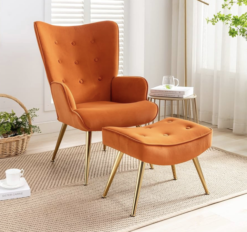 Tufted orange velvet chair with stool
