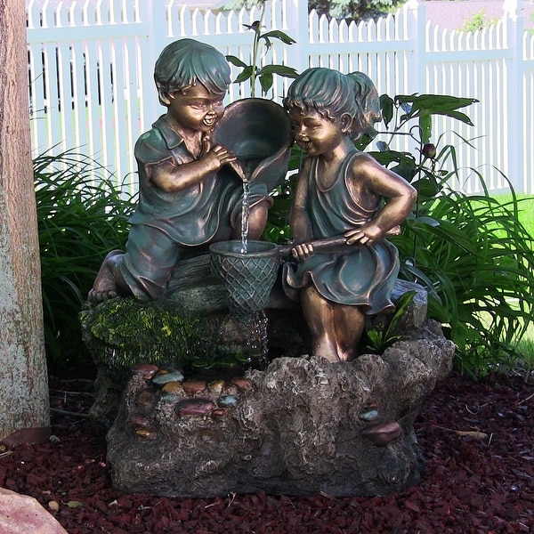 Boy and Girl Playing in Water Outdoor Fountain with LED Light by Sunnydaze Decor