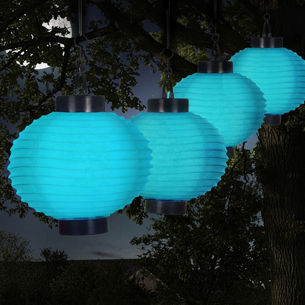 Pure Garden Outdoor Solar Chinese Lanterns - LED - Set of 4 - Blue