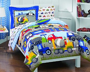 Trucks Tractors Cars Boys 5-Piece Comforter Sheet Set, Blue Red, Twin