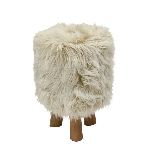 Attractive Wood Faux Fur Stool Beige Round