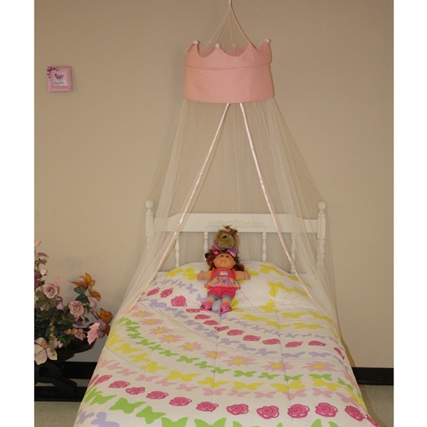 Pink Princess Crown White Polyester Round Bedding Canopy