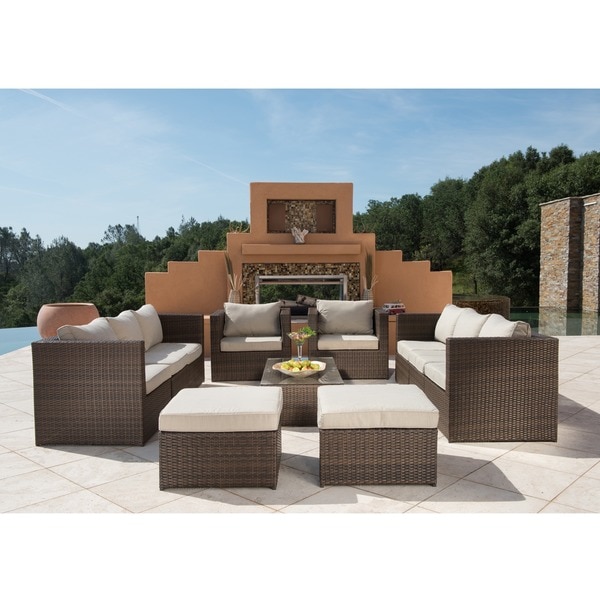 Corvus Trey Outdoor 12-piece Brown Wicker Furniture Set with Glass Top