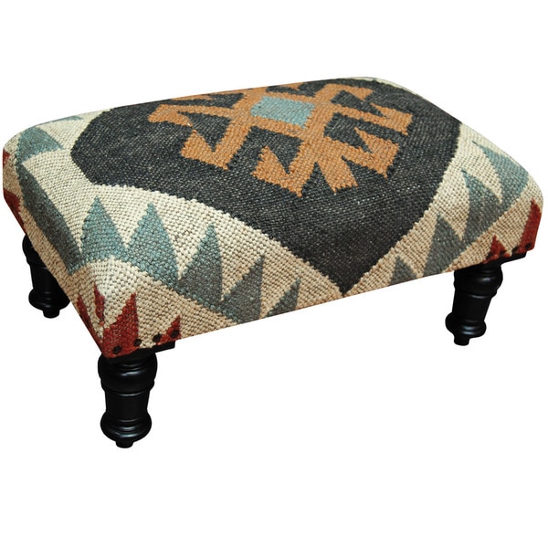 Herat Oriental Indo Handmade Wool & Jute Kilim Upholstered Wooden Stool