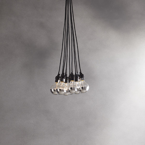 Modernist whip-shaped pendant light with 10 chrome-tipped bulbs and braided black cord