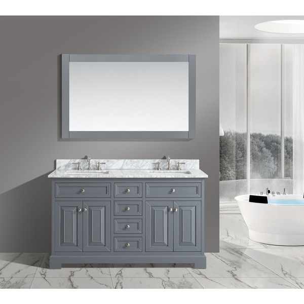 Rochelle Grey Wood 60-inch Bathroom Sink Vanity Set with White Italian Carrara Marble Top
