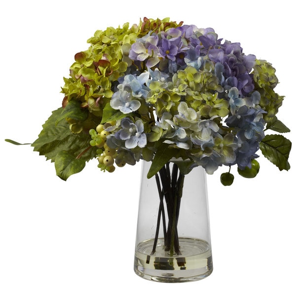 Hydrangea and Glass Vase Arrangement Decorative Plant