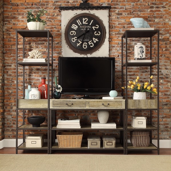 TRIBECCA HOME Sadie Industrial Rustic Open Shelf Media Console with Two Towers