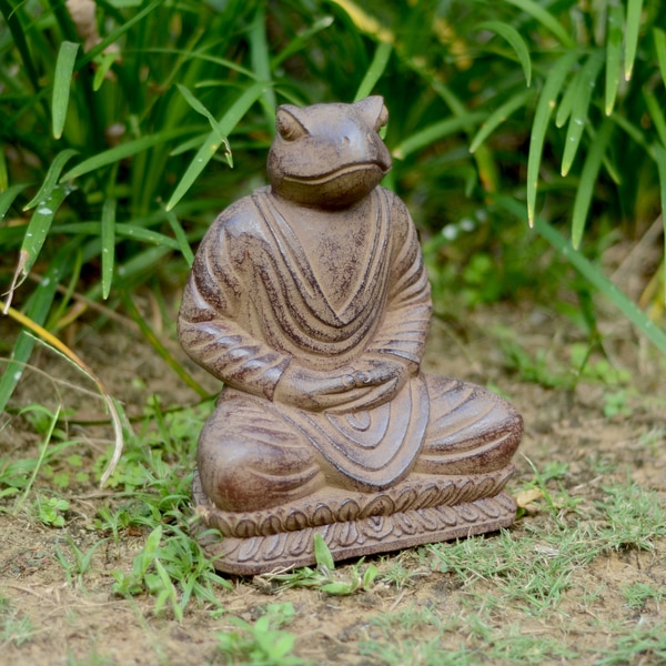 Volcanic Ash Black Meditating Frog Statue, Handmade in Indonesia