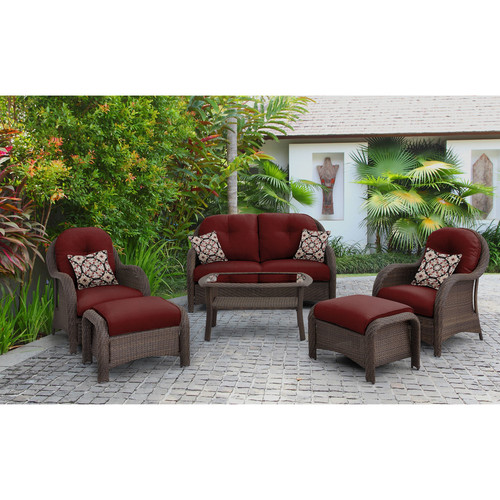 Newport 6 Piece Wicker Deep Seating Group with Crimson Red Cushions by Hanover