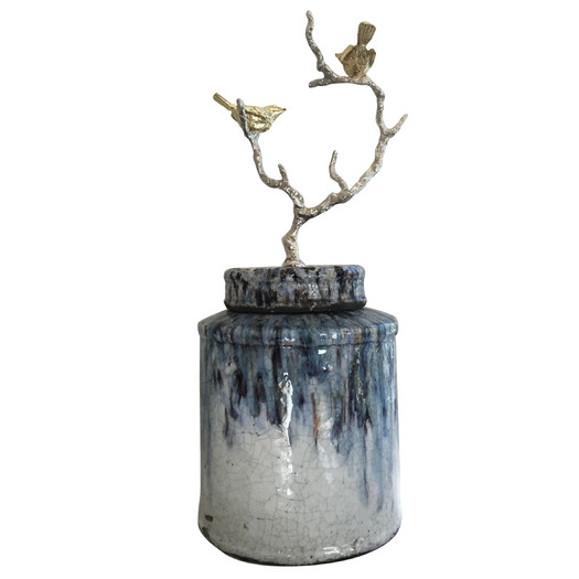 Terracotta Lidded Decorative Jar with Bird Branch Finial 