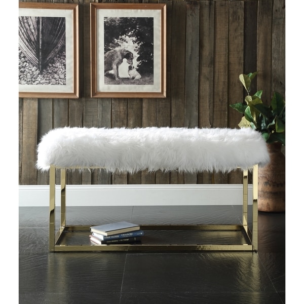 Chic Home Marilyn Luxe Fur Seat Metal Frame Cube Ottoman Bench