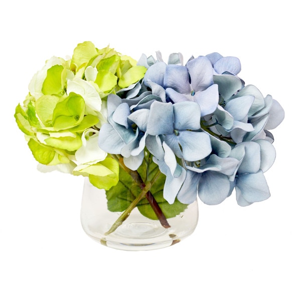 Blue and Green Hydrangeas In Acrylic Water Vase
