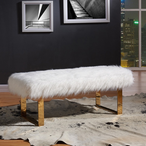 Angelica Tufted White/ Gold-tone Faux Fur Bench