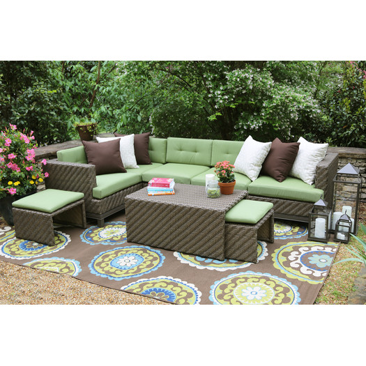 Hampton 8 Piece Brown Sectional Seating Group with Light Green Cushions by AE Outdoor
