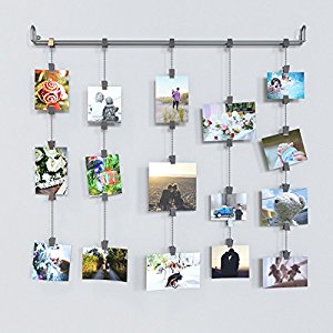 Hanging Photo Organizer Rail With Chains and 32 Clips Gray