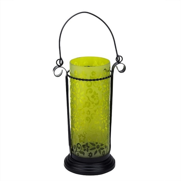 Yellow Glass Hurricane Tea Light Candle Holder Lantern with Flower Etching