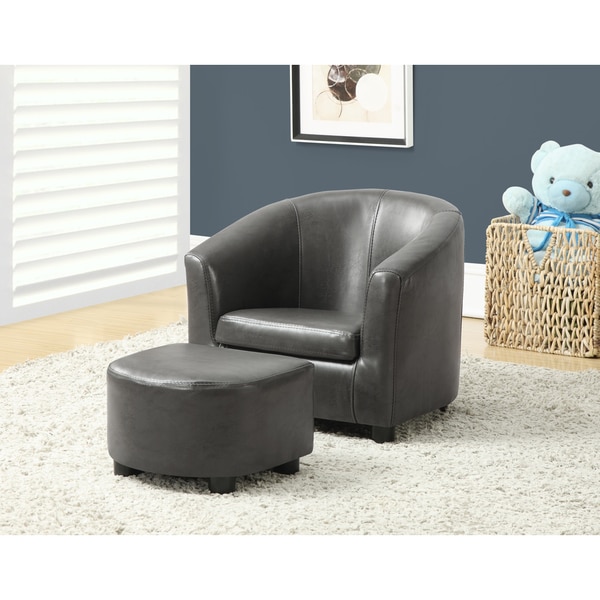 Kids' Charcoal Grey Leather-Look 2-piece Chair and Ottoman Set