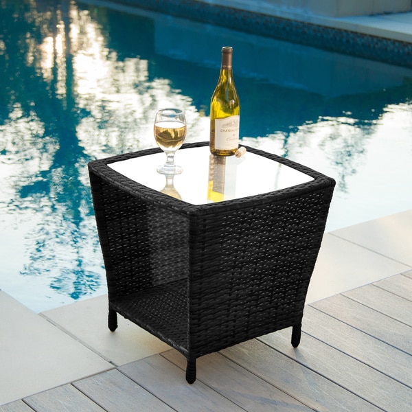 Weston Outdoor Wicker Side Table with Glass Top 