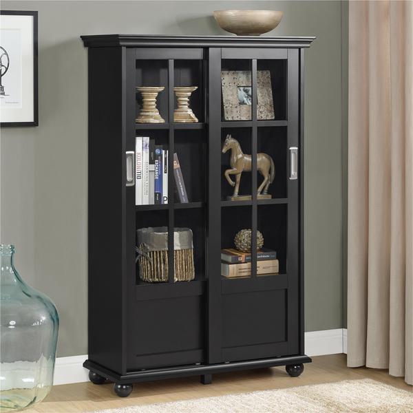 Black Bookcase with Sliding Glass Doors