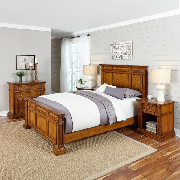 Americana Distressed Oak Bed, Two Night Stands, and Chest