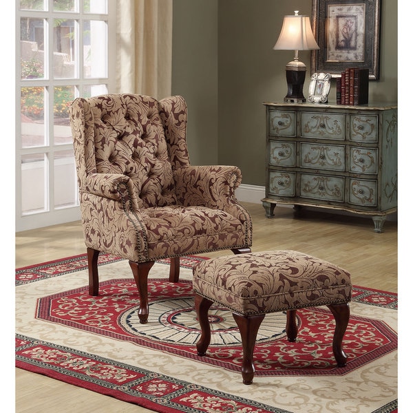 Coaster Company Floral Button Tufted Wing Chair and Ottoman