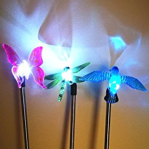 Sogrand 3pcs-Pack Solar Lights Outdoor,Dragonfly,Butterfly and Hummingbird on Stainless Steel Stake,