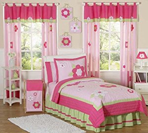 Pink and Green Flower Collection Childrens Bedding 4 Piece Girls Twin Set