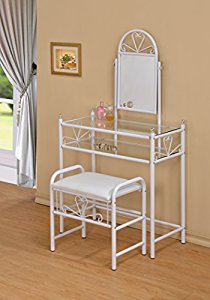 3-Piece Metal Make-Up Heart Mirror Vanity Dresser Table and Stool Set, White