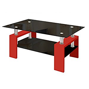 Modern Glass Red Coffee Table with Shelf Contemporary Living Room
