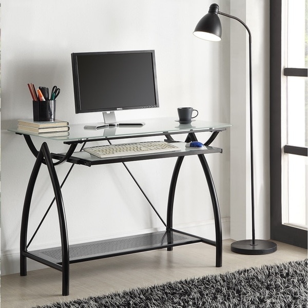 Black Metal Glass Top Desk with Keyboard Tray