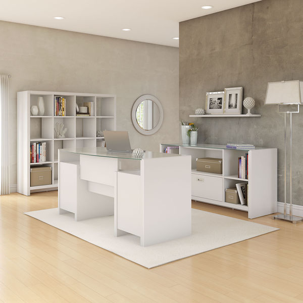 kathy ireland Office New York Skyline Executive Desk, Credenza and 16 Cube Bookcase in Plumeria Whit