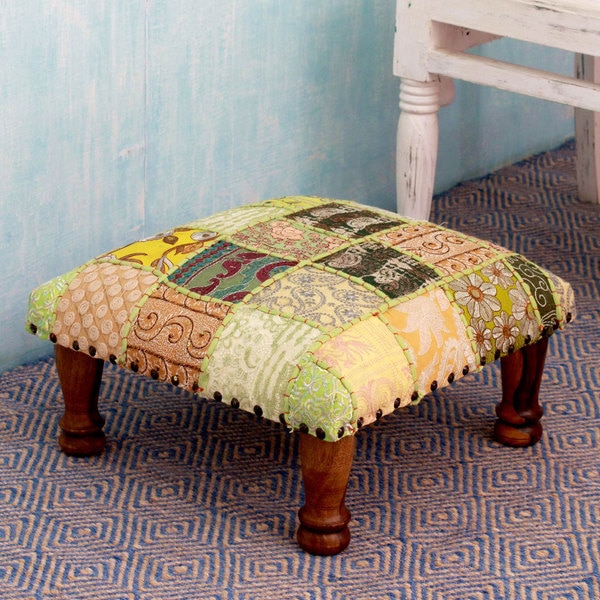 Rajasthan Wishes Sheesham Wood with Multicolor Patchwork in Shades of Green Square Foot Stool 