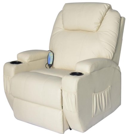 HomCom Deluxe Heated Vibrating PU Leather Massage Recliner Chair in Cream