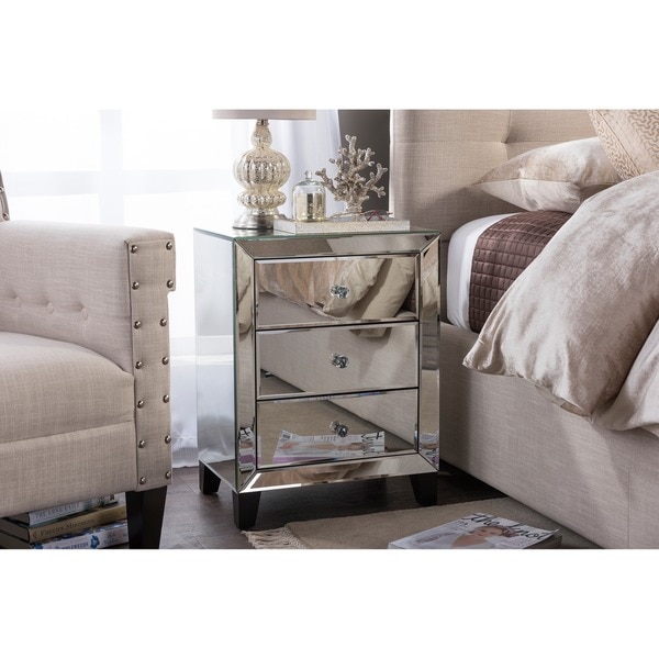 Baxton Studio Chevron Contemporary Hollywood Regency Glamour Style Mirrored 3-drawers Bedside Nights