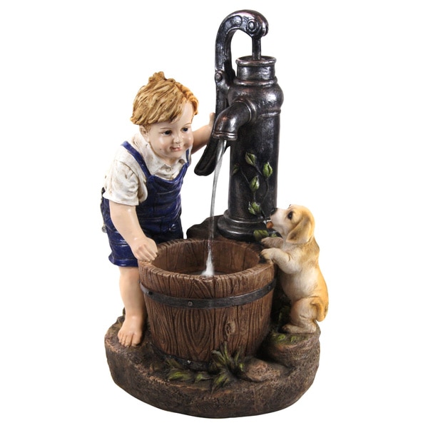26-inch Boy and Water Pump Fountain with LED Light