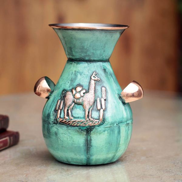 Handcrafted Bronze Copper 'Messenger and Llama' Vase
