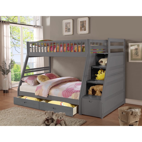 Dakota Grey Wooden Twin and Full Storage Staircase Bunk Bed