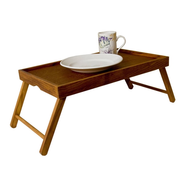 Brown Wood Serving Tray Table with Folding Legs