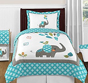 Turquoise Blue Gray and White Mod Elephant Twin Bed Bedding Girl 