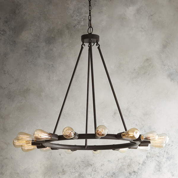Industrial-chic 15 light, spoked wrought-iron chandelier