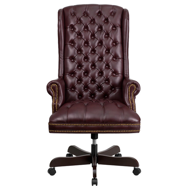 High Back Pure Maroon Leather Office Chair with Embedded Nailheads