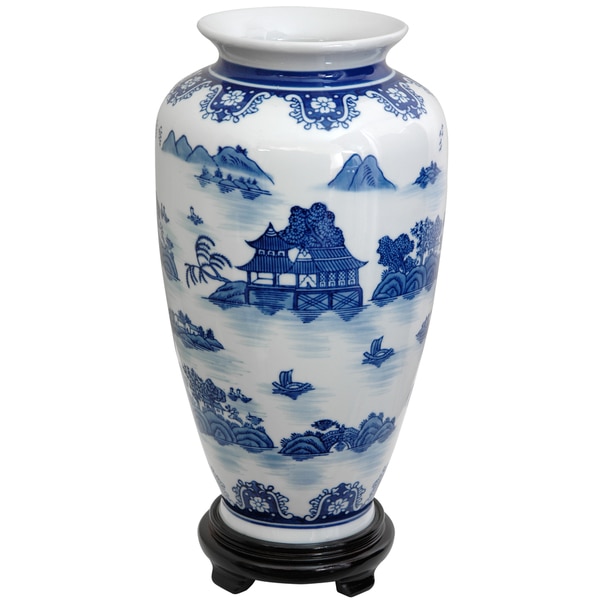 Porcelain 14-inch Blue and White Landscape Tung Chi Vase