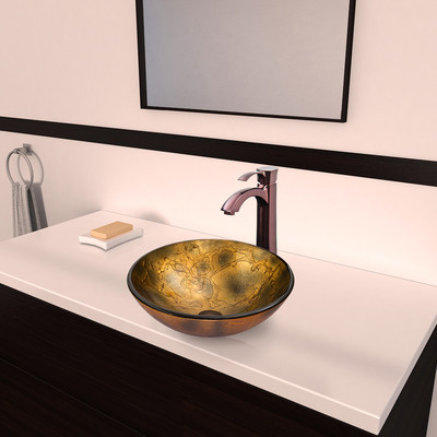 Copper Shapes Glass Vessel Bathroom Sink and Otis Vessel Faucet with